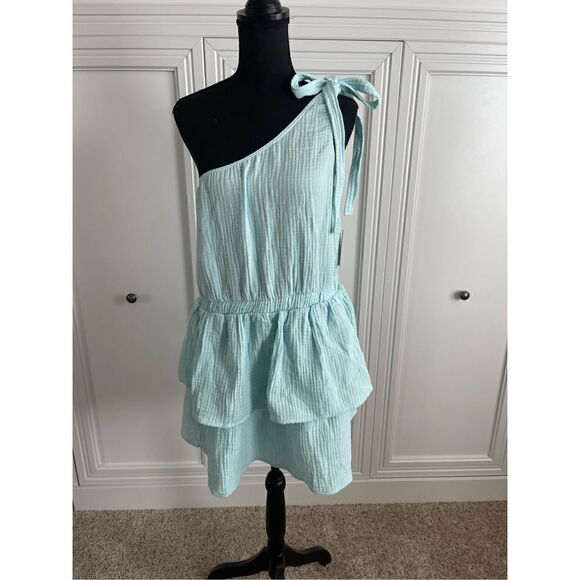 Anthropologie Light Blue Dress Cotton One Shoulder Tiered Ruffle Size Large - Picture 2 of 10